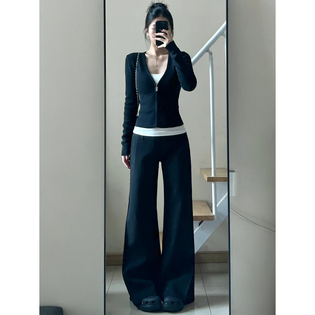 纯欲风辣妹吊带针织衫阔腿裤套装女春秋新款韩系气质高级感三件套