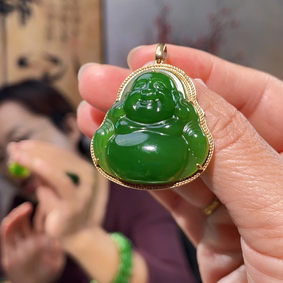 颈饰18K金镶嵌和田玉（碧玉）碧玉佛公