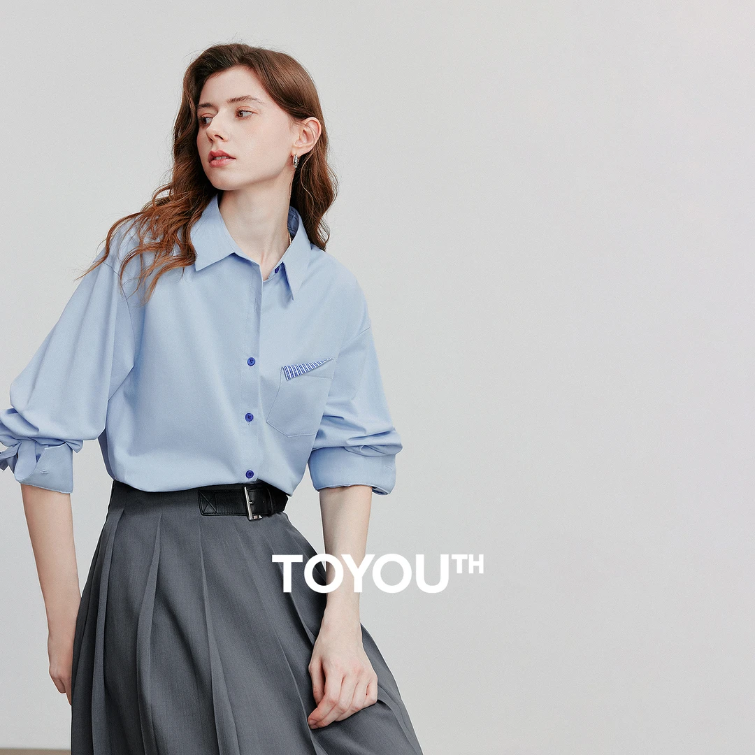 初语设计感折角口袋衬衫女25夏新款时尚休闲纯色衬衣100%纯棉上衣