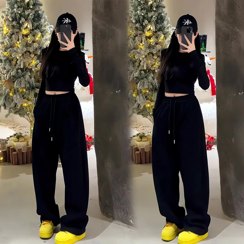 2025春季新款时尚百搭黑色紧身显瘦长袖上衣高腰阔腿裤两件套装女
