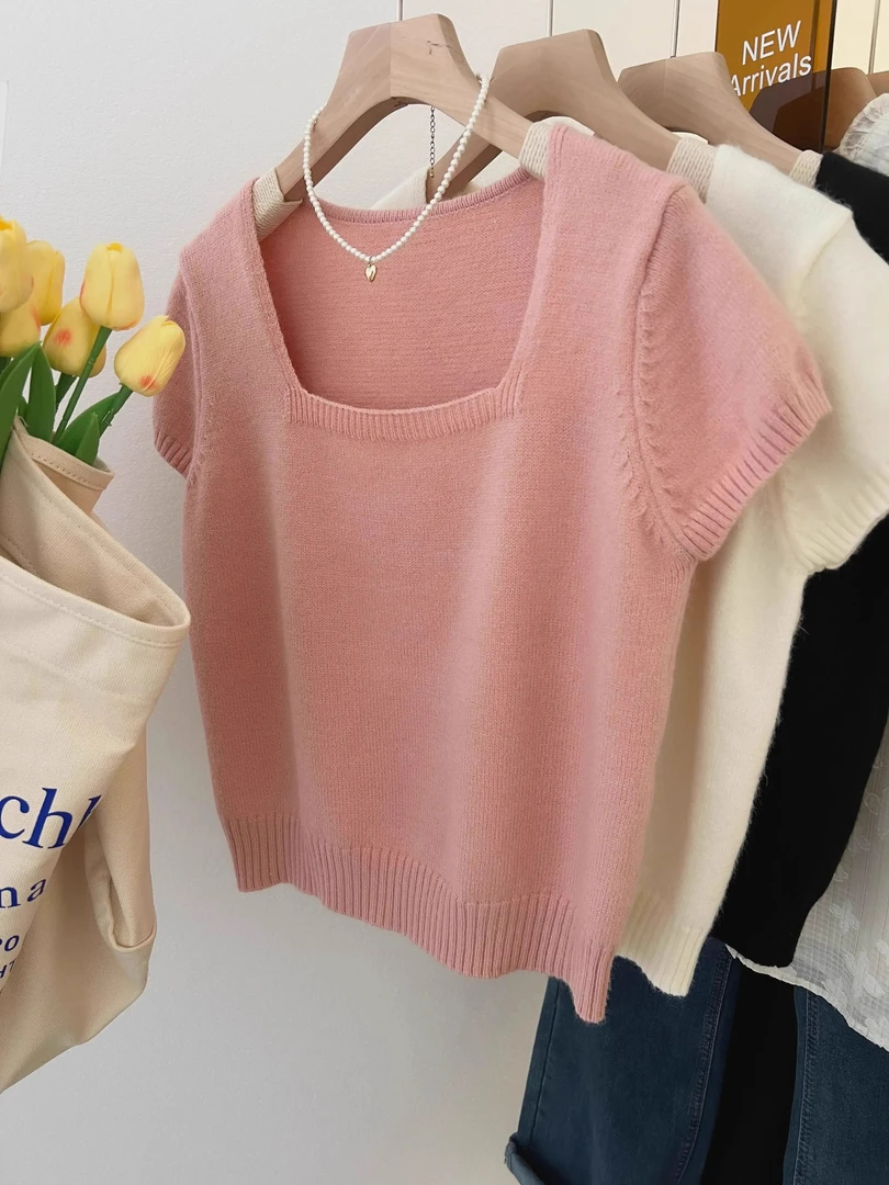 嫩粉色方领短袖针织衫女2025夏法式简约纯色百搭小个子短款薄上衣