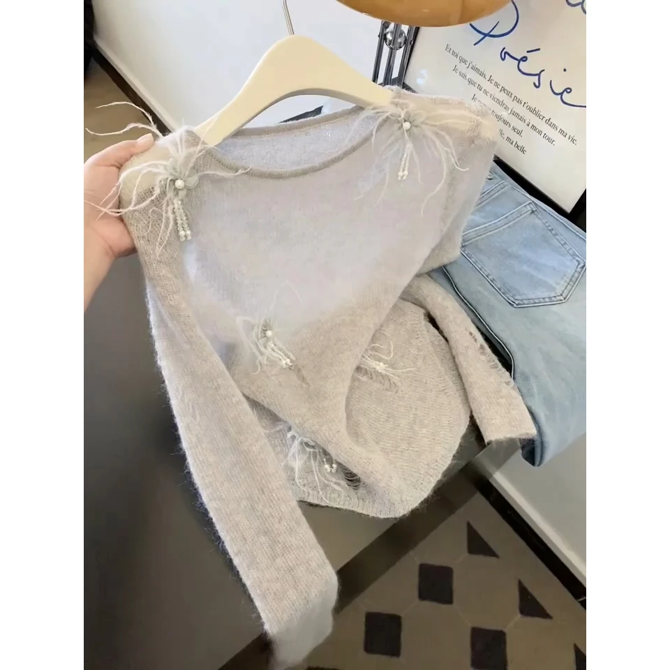 法式破洞镂空针织衫女秋季重工钉珠花朵长袖打底衫辣妹别致上衣