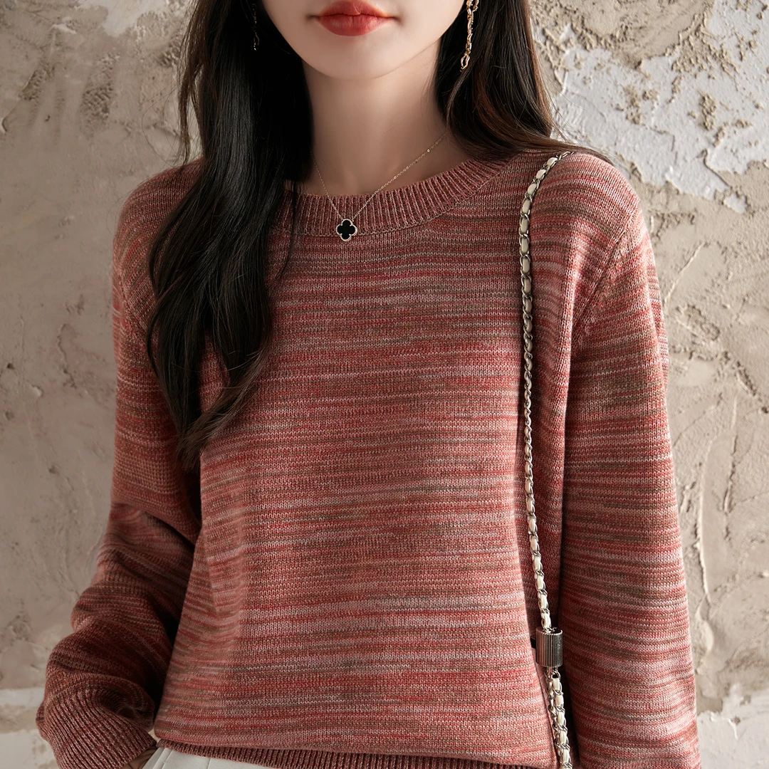 秋冬100%纯棉加厚圆领长袖针织衫宽松大码百搭毛衣打底衫