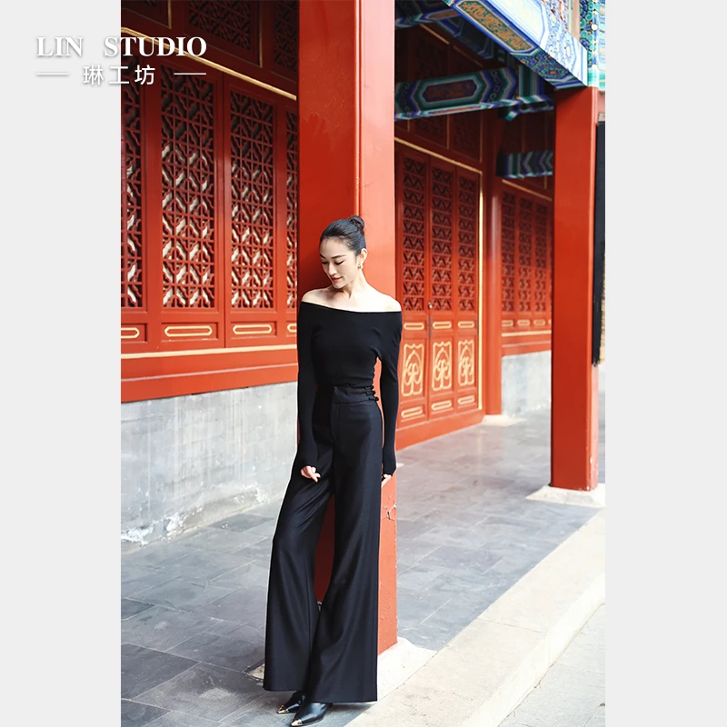琳工坊“漱寒”黑色阔腿裤盘扣气质显瘦新中式复古唐琳设计师