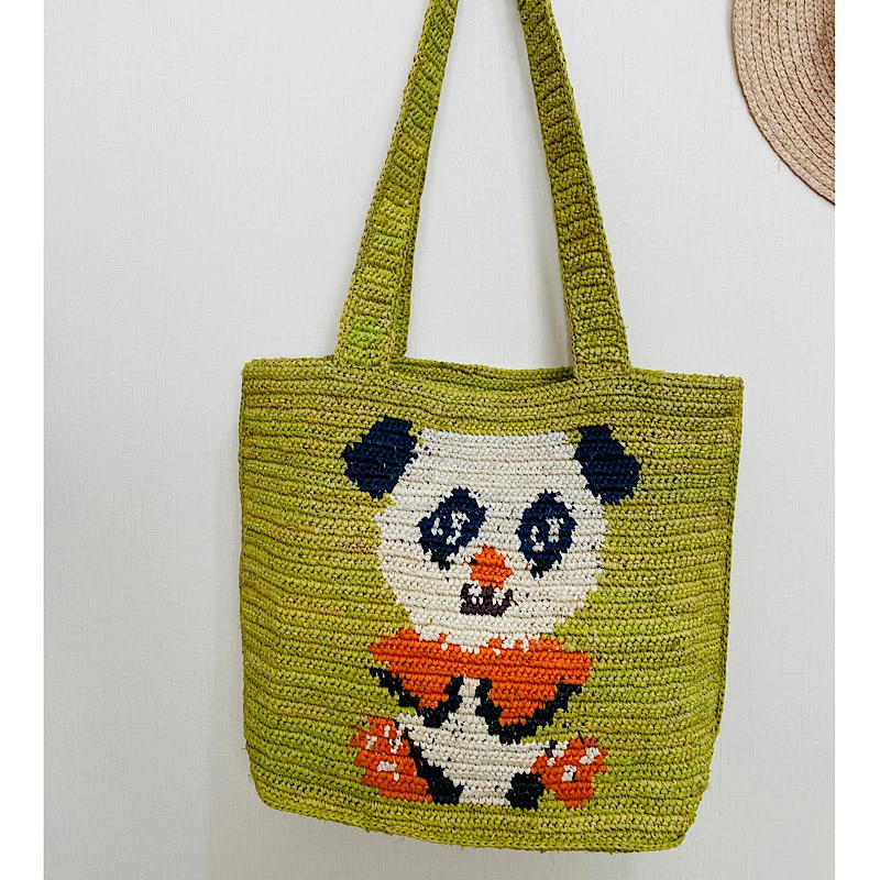 熊猫拉菲草手工敲重工包托特单肩手拎