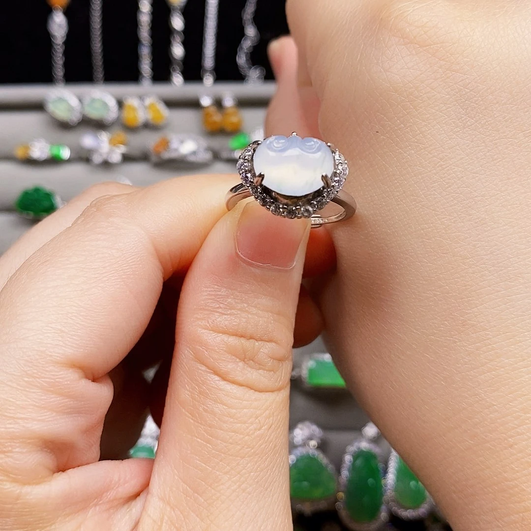 翡翠戒指银S925镶嵌如意