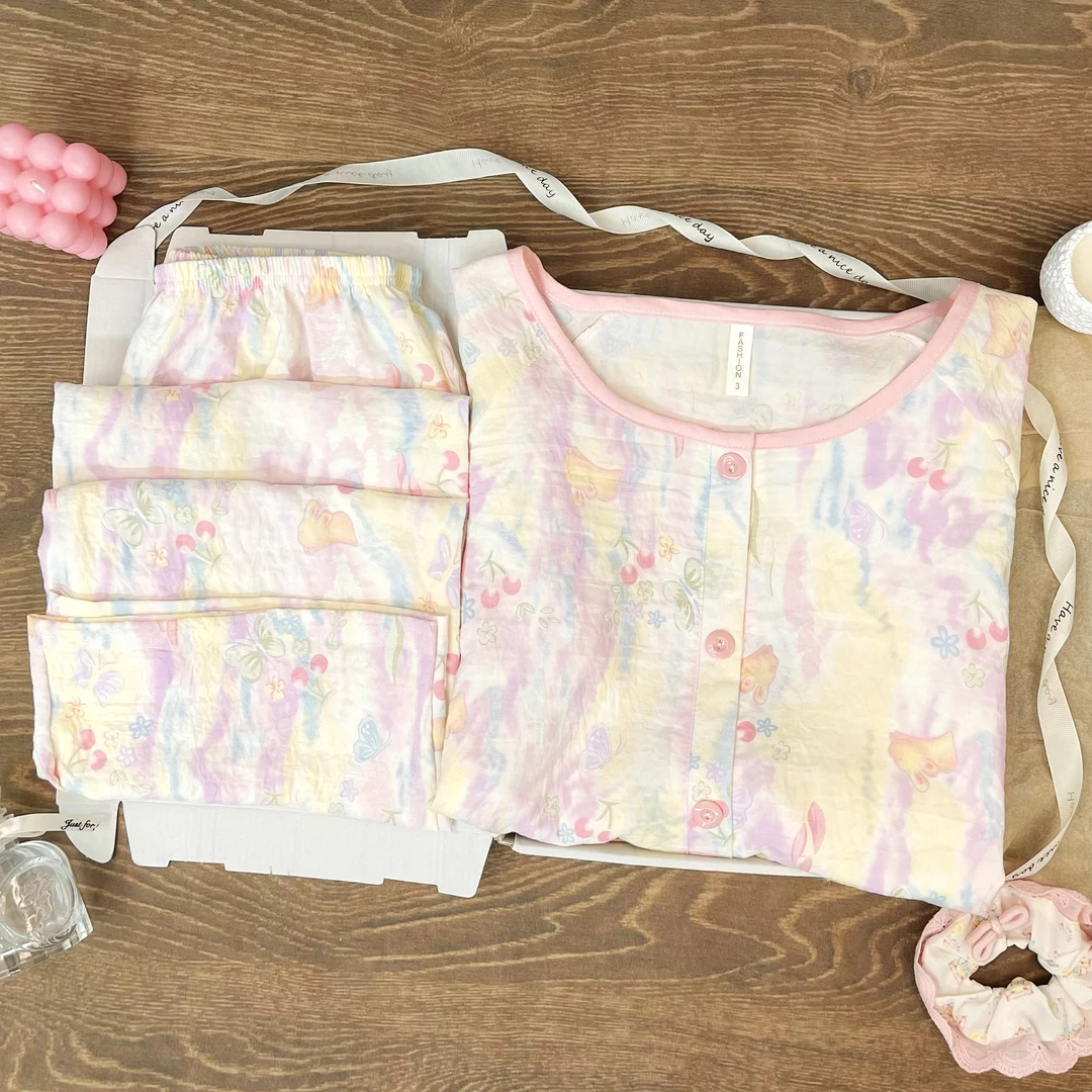 夏季短袖长裤微胖女生大码女生胖mm200斤睡衣女套装甜美家居服