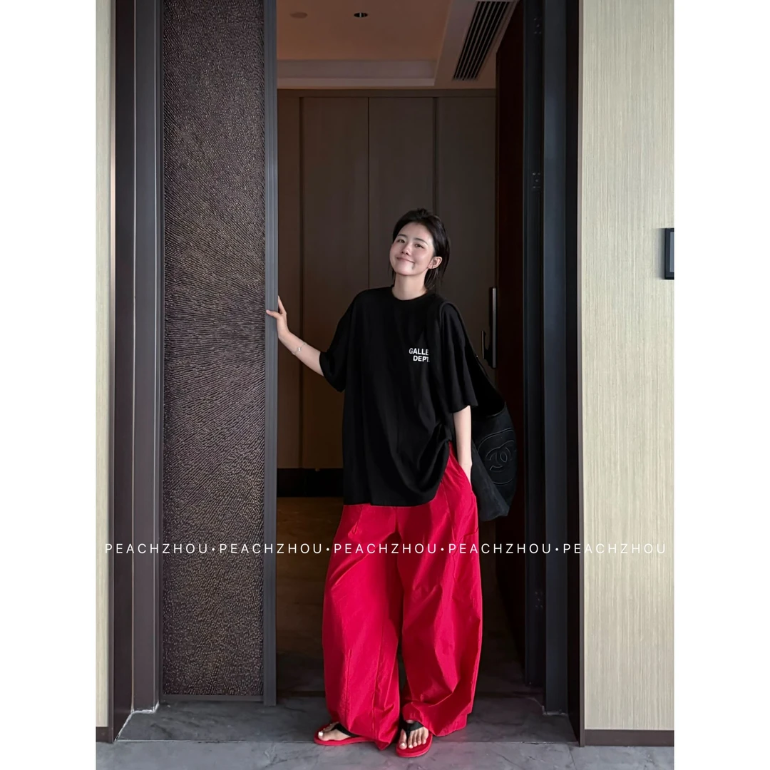 『PEACHZHOU』正红斜大口袋宽松阔版休闲裤松紧腰慵懒松弛阔腿长裤