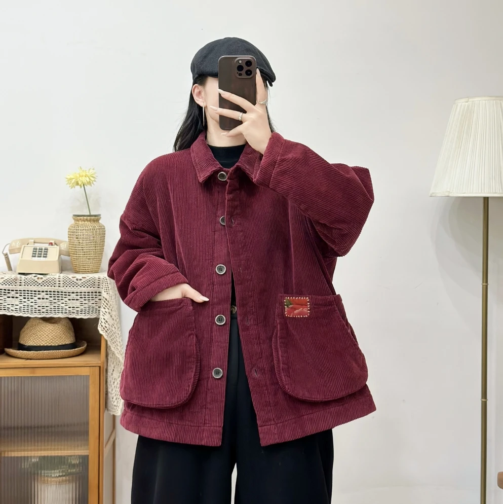 早春新款灯芯绒加厚小翻领立体拼接棉服百搭复古休闲宽松保暖