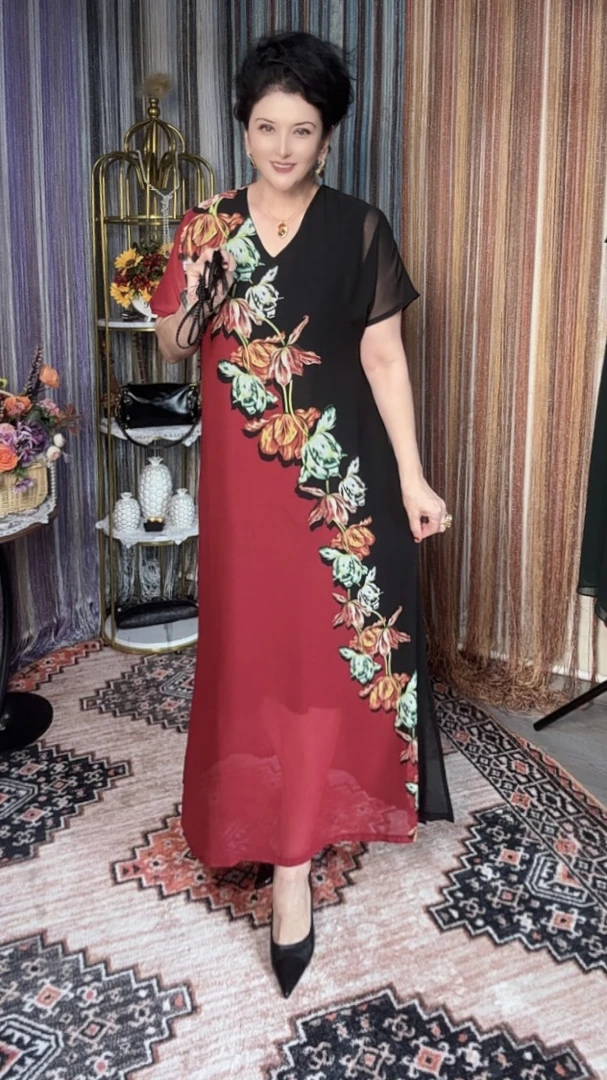 中长裙成人常规v型领大码连衣裙圆领抽绳富婆风