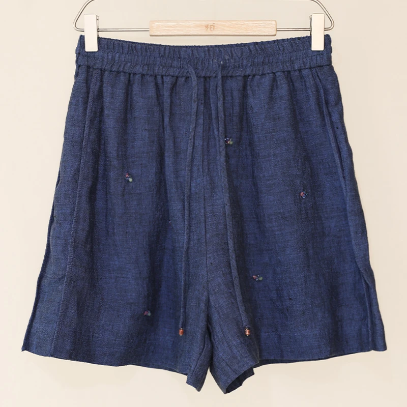 【藏蓝】简约休闲钉珠设计五分裤女亚麻宽松透气夏季松紧腰短裤