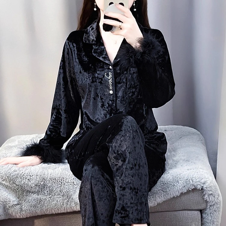 tpvl2025新款轻奢金钻绒羽毛睡衣女秋冬家居服套装黑色高级感外穿