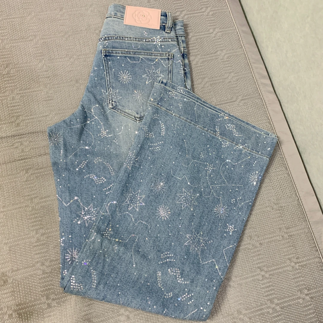 【烟花】2025春夏装新款高腰修身显瘦长裤重工双面烫钻牛仔裤女8557