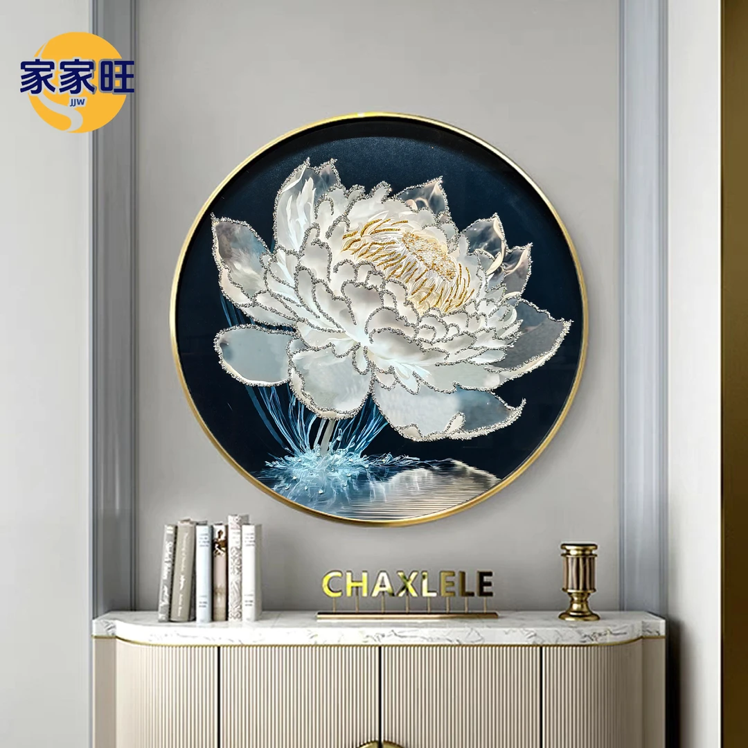 A16【光影睡莲】玄关装饰画现代简约镶嵌餐厅画高档大气钢化玻璃画