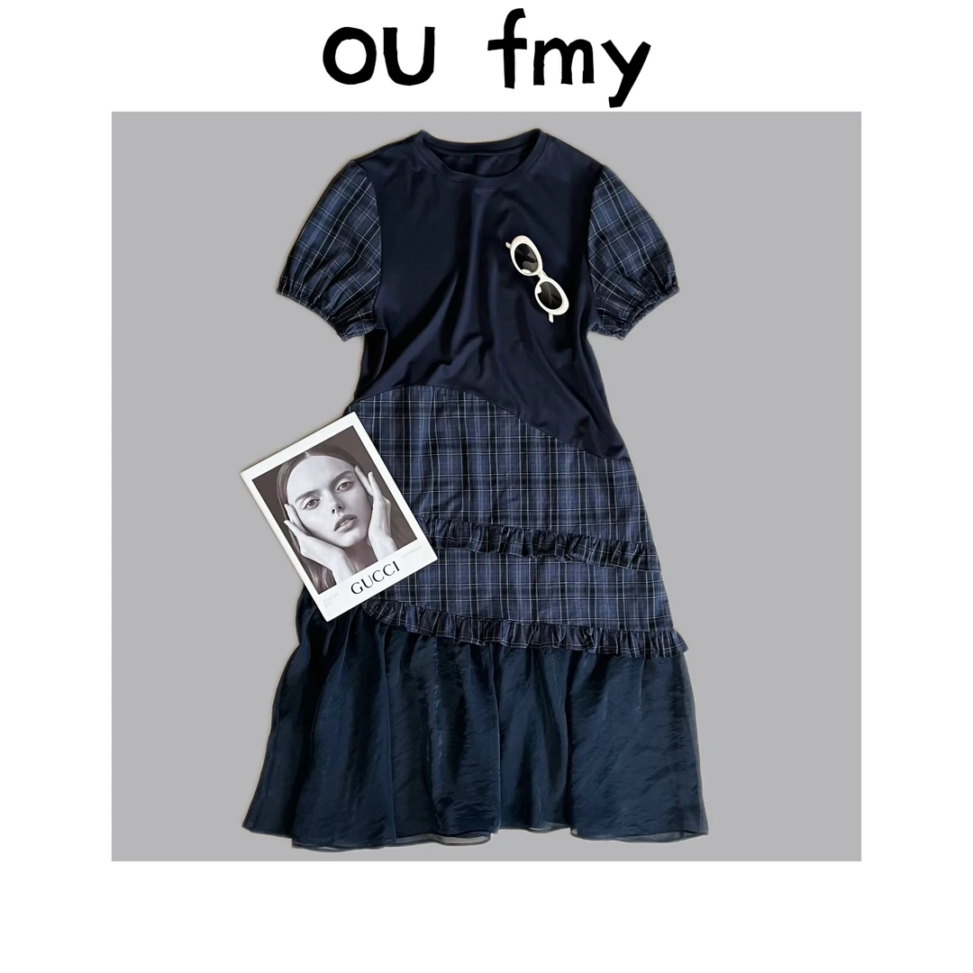 FY6189格纹圆领夏季出游连衣裙时尚连衣裙女款夏季休闲连衣长裙
