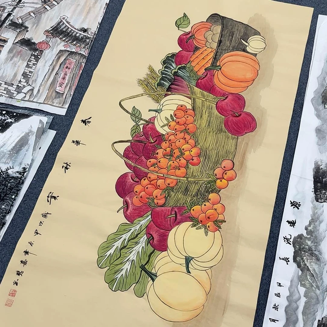 国画农*尺寸70X138手绘作品