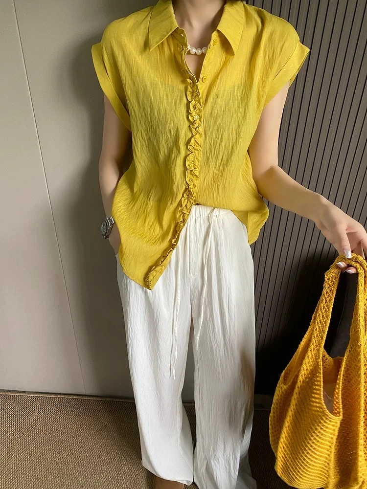 【钰姐精选】主215-短袖木耳边夏季宽松显瘦百搭翻领纯色气质衬衫