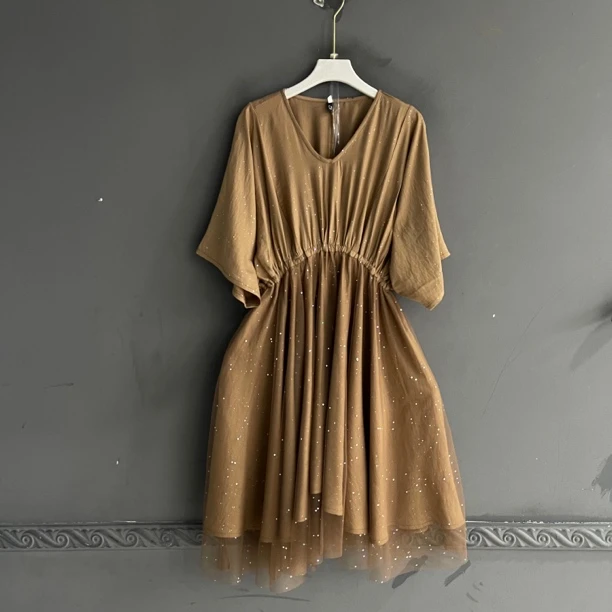 设计师款显瘦连衣裙名媛气质收腰洋气半袖拼接纱连衣裙