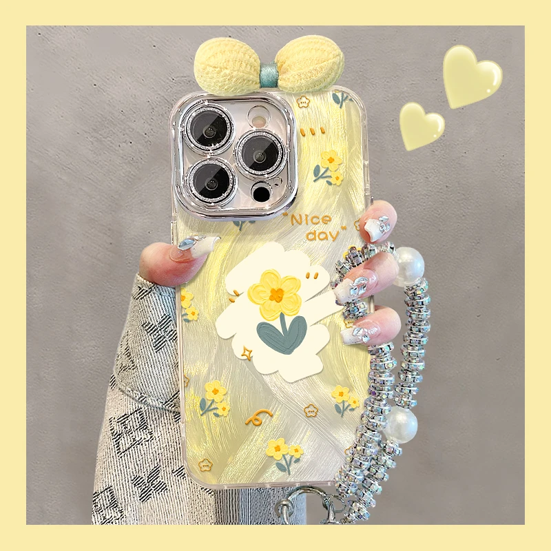 小黄花蝴蝶结适用苹果16promax华为oppovivo小米精孔羽纱纹手机壳