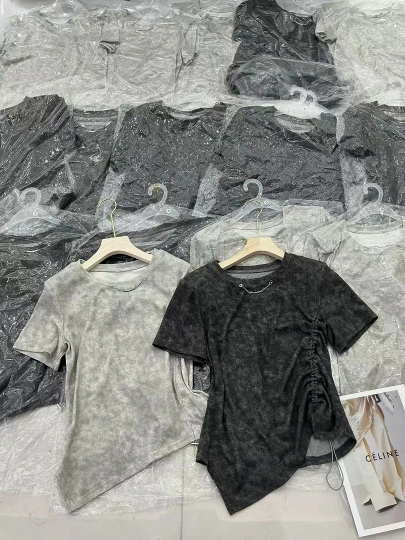 2025夏季新款修身T恤腰间收腰绳设计圆领链子小设计