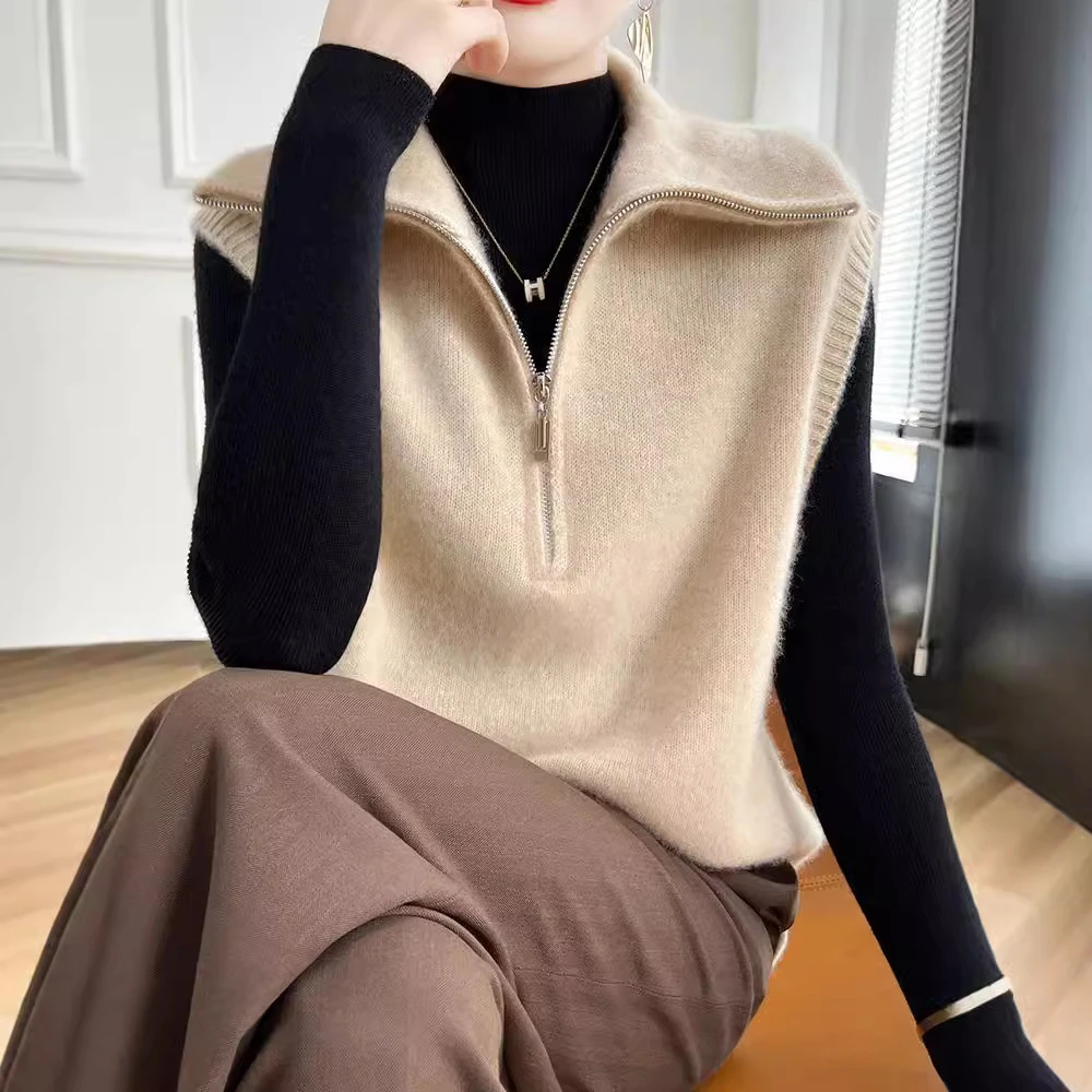 薄款2024早秋羊毛衫马甲女慵懒风无袖时尚毛衣上衣翻领设计坎肩背