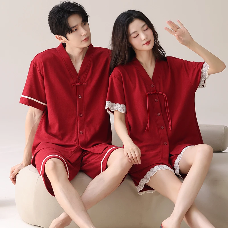 情侣新婚红色睡衣新中式夏季薄款纯棉短袖大码男士家居服结婚套装