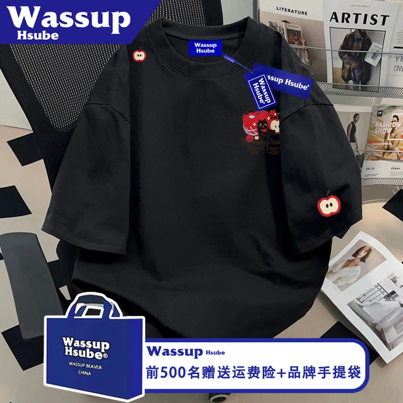 WASSUP HSUBE国潮卡通印花短袖ins夏纯棉黑色小众T恤男女休闲半袖