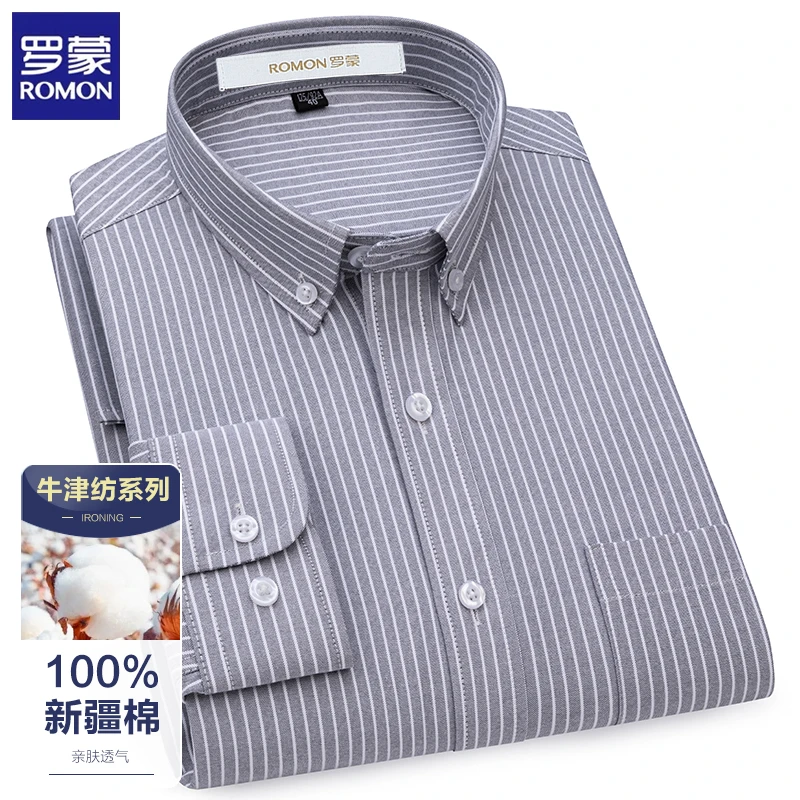 罗蒙时尚潮流男士长袖衬衫灰色条纹100%纯棉亲肤休闲衬衣商务男装