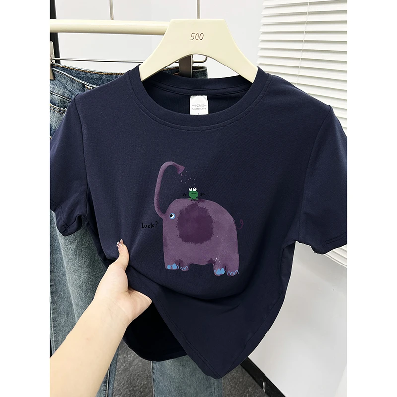 正肩短袖t恤女装2025年夏季新款韩版小个子洋气印花弹力圆领上衣