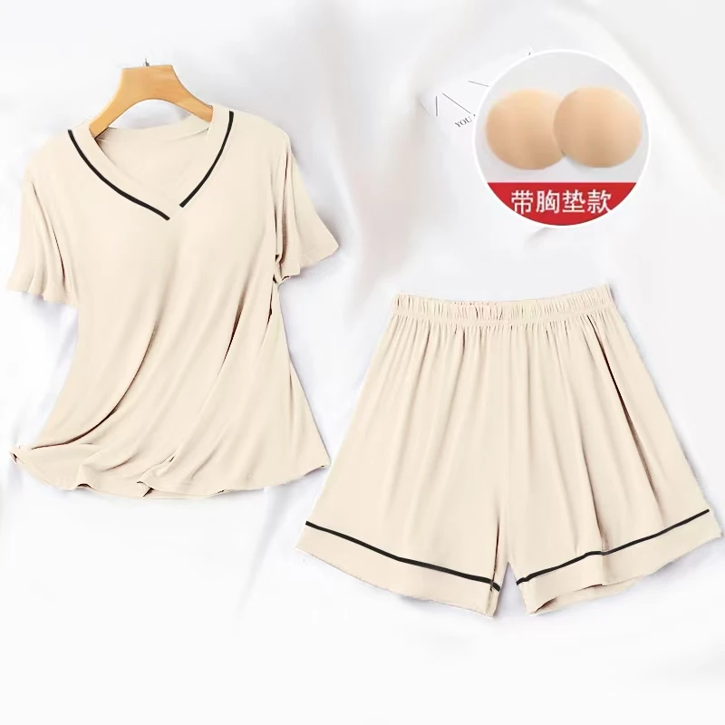 2025夏季居家简约舒适休闲上衣+短裤套装家居服女凉爽纯色睡衣