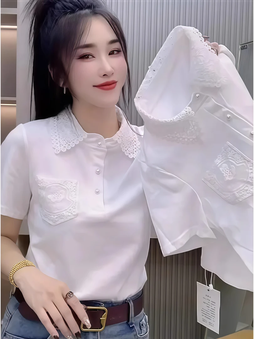 纯棉别致漂亮款蕾丝翻领短袖T恤女夏季新款修身半袖温婉大方衣服