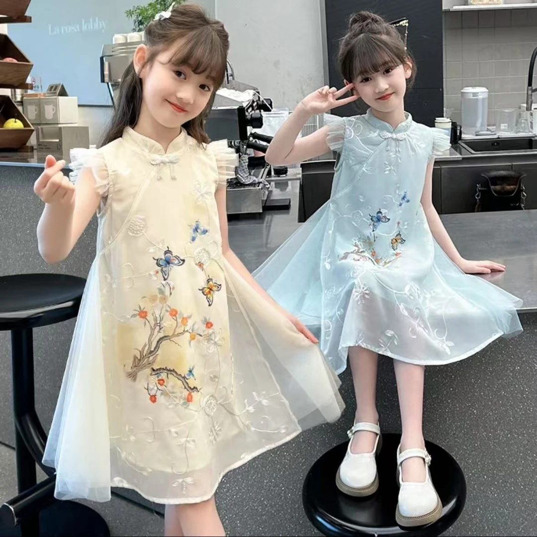 2025夏季新款女童蝴蝶刺绣连衣裙旗袍裙时髦洋气新中式改良气质