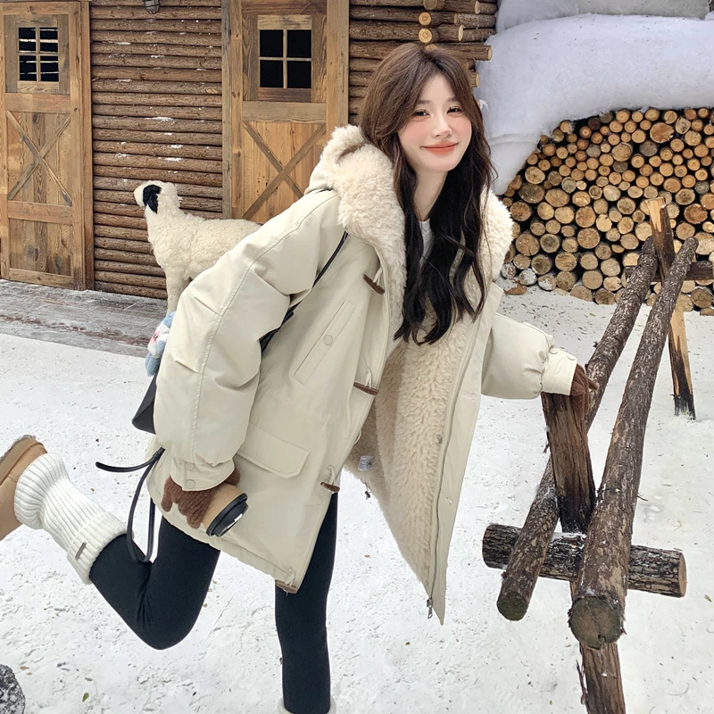 韩系羊羔毛皮毛一体派克服女冬季2025新款小个子加厚保暖工装外套
