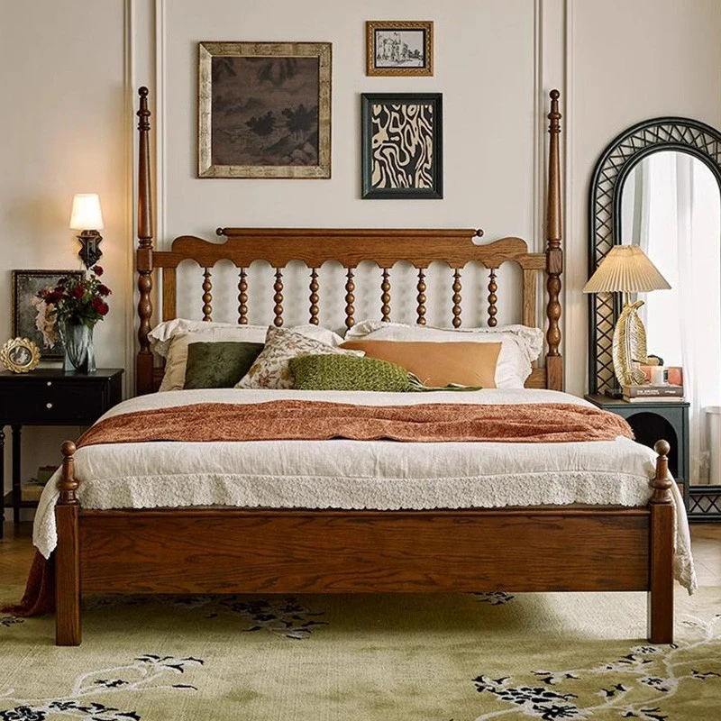 法式复古实木床双人主卧大床美式高柱中古风温莎床胡桃色简约婚床