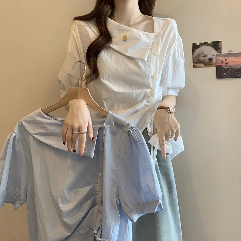 大码女装法式不规则遮肚子小众衬衫女夏季胖妹妹显瘦气质短袖上衣