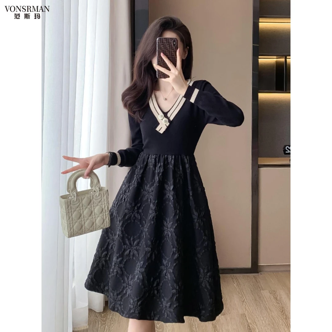 小香风连衣裙2025秋季新款女装气质高级感长袖赫本风拼接A字裙子a