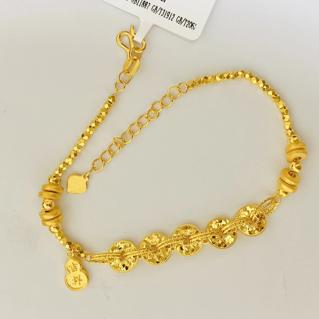 足金999吉祥碎碎冰铜钱五帝币手链小盘缠手链钱多多
