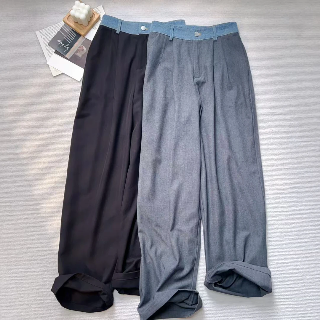 【小黑家】长104高端羊M桐A腰头拼牛仔西装料直筒休闲裤10