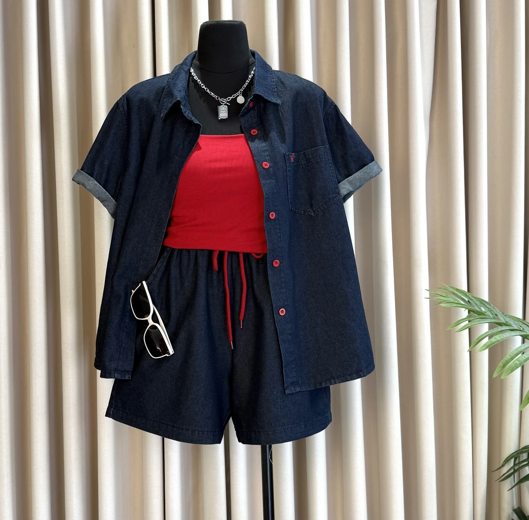 QINGQING晴晴原创韩版大码刺绣开衫夏季短裤套装微胖穿搭四件套