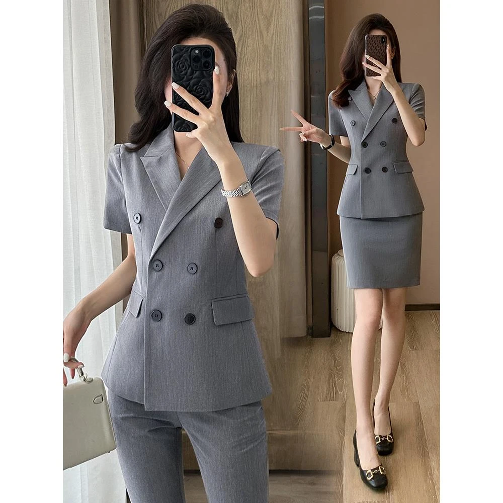 灰色短袖西装套装女夏季薄款2025新款职业面试正装高级感西服外套