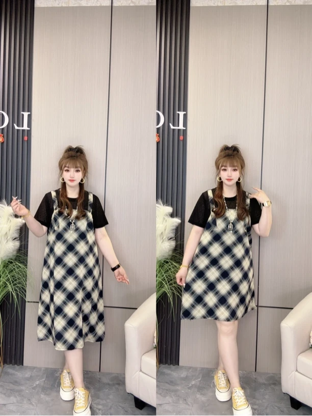 YY家假两件新款胖MM宽松休闲风套头格子中长款夏季背带裙连衣裙