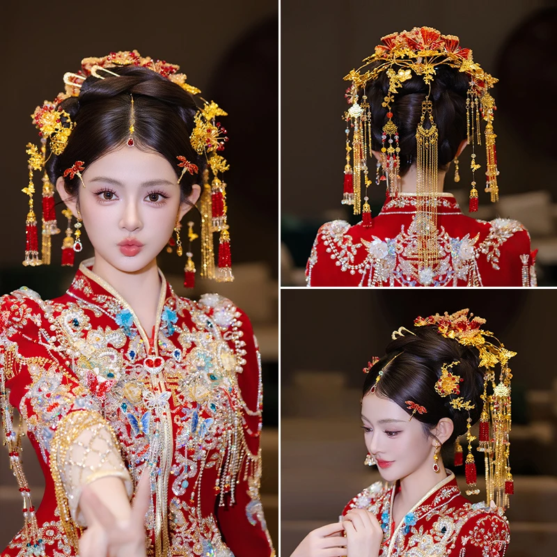 合金树脂婚庆饰品 中式新娘发饰秀禾服后区红金色龙凤褂配饰G0257