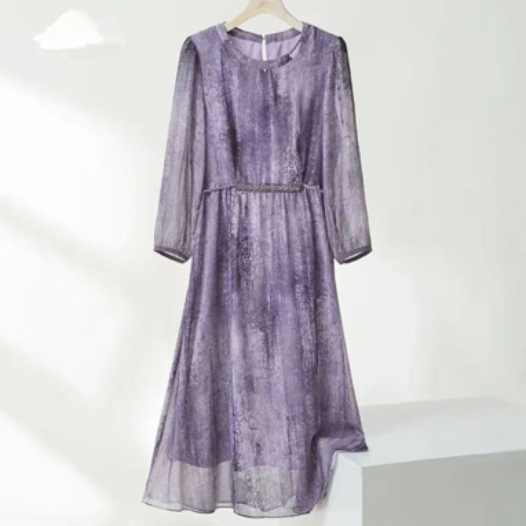 涟画运费补贴（一帘幽梦）2025年蚕丝扎染高腰显高显瘦气质连衣裙