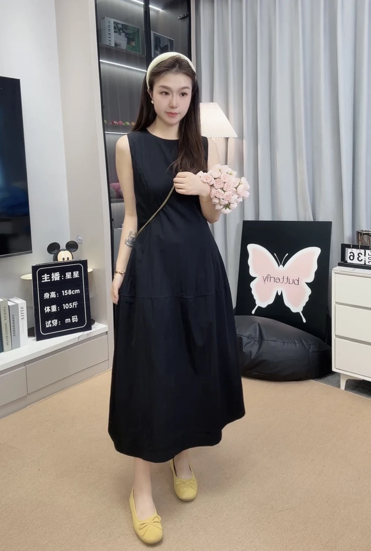 【星星专属】花苞无袖背心连衣裙夏季小个子黑色通勤收腰显瘦长裙