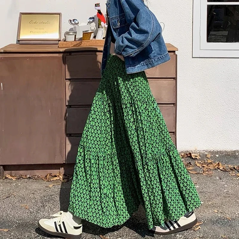 绿色高腰碎花半身裙女2025春夏新款复古显瘦A字长裙韩版气质裙子D