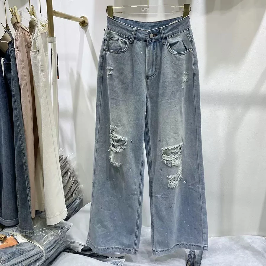 水洗破洞烫钻牛仔裤女夏季薄款浅色高腰显瘦宽松阔腿直筒拖地裤子