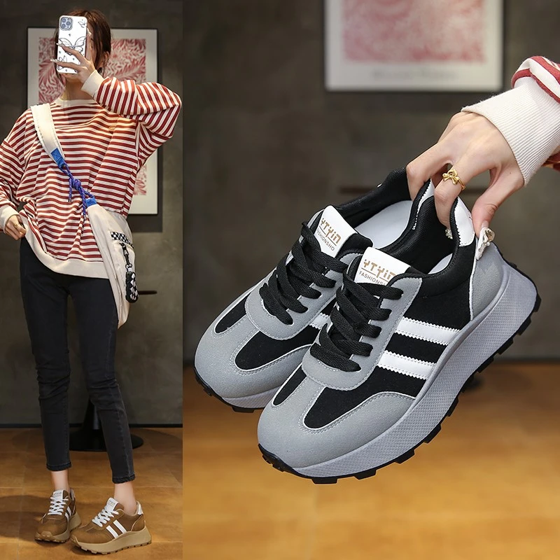 女厚底松糕旅游皮鞋春秋款百搭韩版网红时尚软底增高休闲运动鞋子