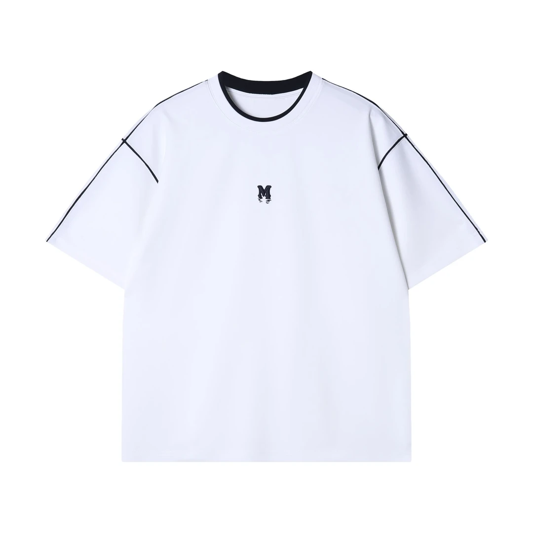 夏季高级感新款撞色领口刺绣字母圆领短袖T恤百搭潮流套头上衣