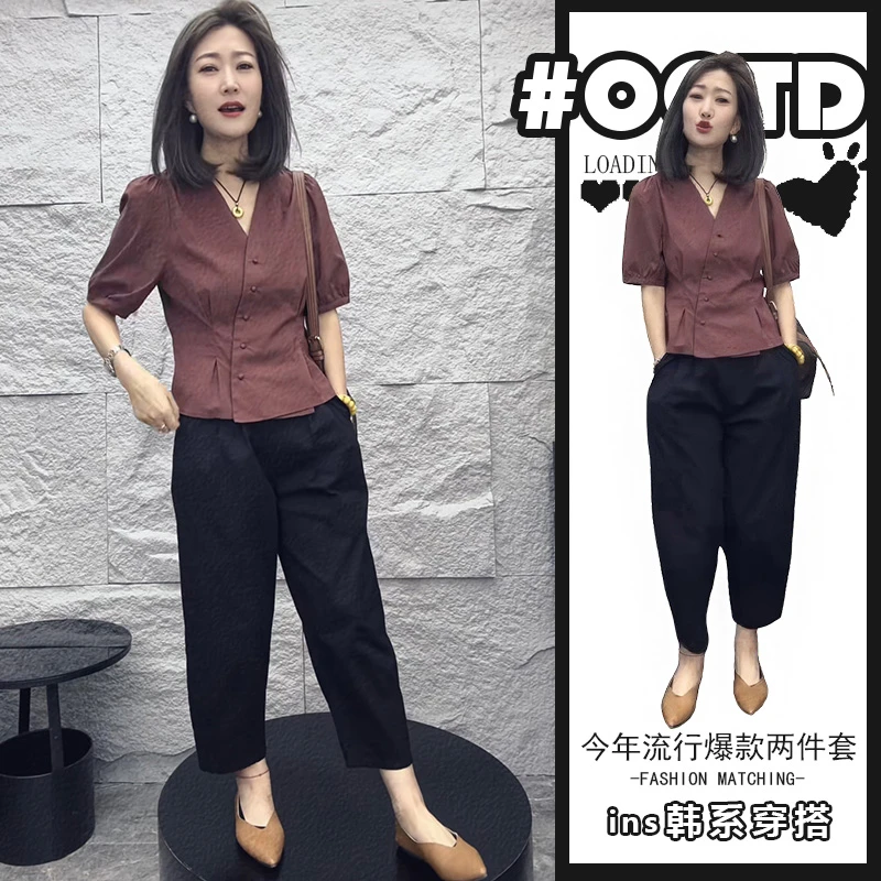 欧货穿搭套装女夏季新款复古气质短袖上衣+黑色显瘦休闲裤两件套