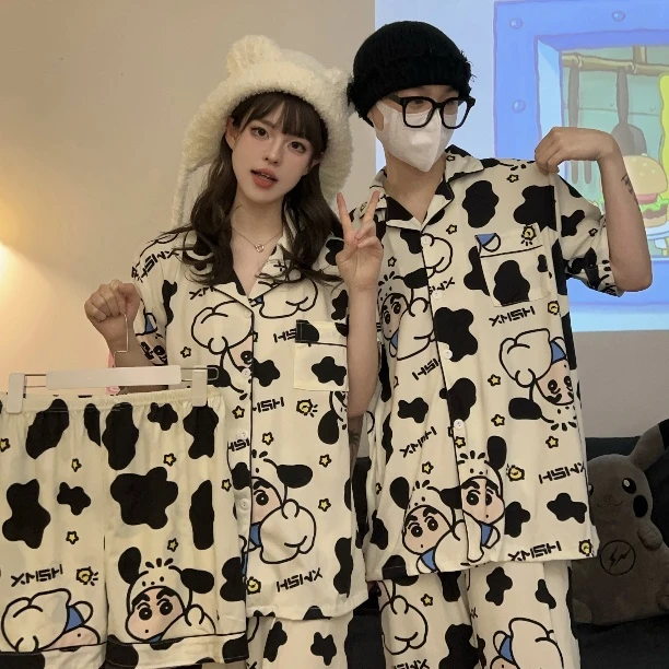 蜡笔小新情侣睡衣一男一女夏季短袖短裤三件套可爱卡通家居服套装